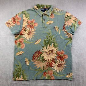 Ralph Lauren Mens Shirt XL Blue Floral Polo Custom Fit Wild Flower Hawaiian